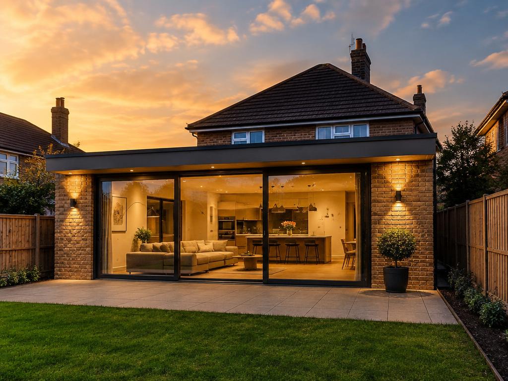 Completed rear extension with sliding glass doors at golden hour
